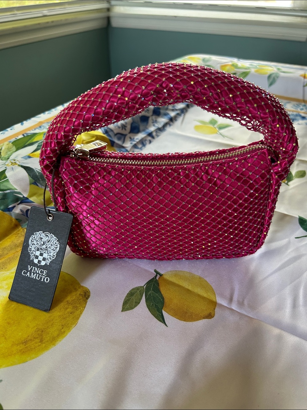 NWT Vince Camuto Fuchsia Beaded Mini Handle Bag. 8x8. $138 retail.